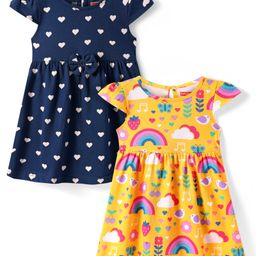 Babyhug Single Jersey Knit Cap Sleeves Frocks with Hearts Print & Bow Applique - Navy Blue & Yellow-image-70