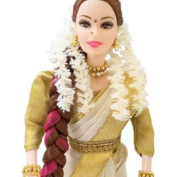 Maalona Geetha Indian Doll Celebrating Pongal  Fully Foldable Long Hair Hand Stitch Saree Pretend Play Doll Off White & Golden - Height 30 cm-picture-28