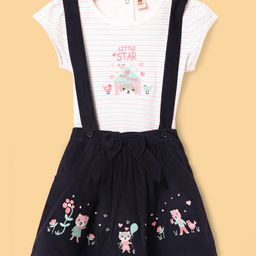 ToffyHouse Cotton Knit Half Sleeves Top & Skirt Set With Floral & Animal Embroidery - White & Navy Blue-picture-3
