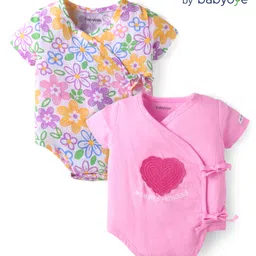 Babyoye 100% Organic Muslin Woven Half Sleeves Onesies with Floral Print & Heart Embroidery Pack of 2 - White & Pink-picture-49