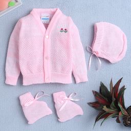 BUMZEE Full Sleeves Floral Embroidered Sweater With Cap & Socks Set - Pink-image-9