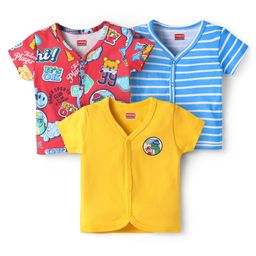 Babyhug 100% Cotton Interlock Knit Front Open Vests With Striped & Text Print Pack Of 3 - Light Blue Yellow & Red-image-81