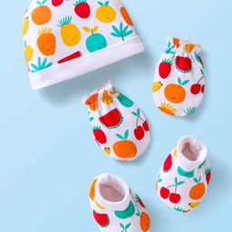 Babyhug 100% Cotton Knit Cap Mittens & Booties Set with Fruits Print White - Diameter 13 cm-picture-28