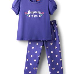 Babyhug Cotton Knit Puffed Sleeves Night Suit with Happiness Is You Text Print - Voilet-image-4