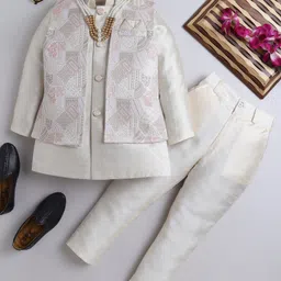 Ahhaaaa Brocade Full Sleeves Solid Kurta Pyjama With Abstract Embroidered Jacket & Maala Set - Cream-picture-2