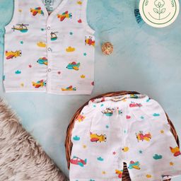 A Toddler Thing 100% Muslin Organic Cotton Sleeveless Aeroplane Printed Jabla & Coordinating Shorts Set - White-image-46