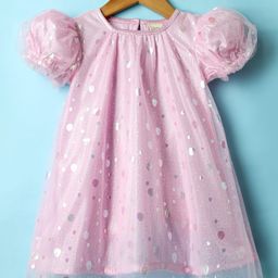 Saka Designs Woven Half Sleeves Party Frock With Foil Polka Dot Print - Pink-image-24