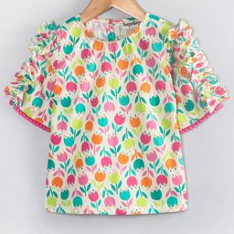 Hugsntugs Cotton Half Sleeves Tulip Flower Motifs Printed Top - Multi Colour-image-83