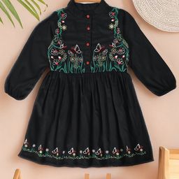 Bella Moda Cotton Full Puffed Sleeves Floral Embroidered Dress - Black-image-91