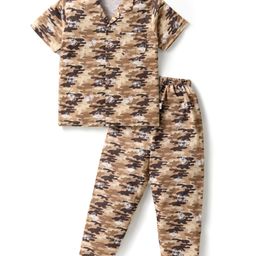 Teddy Sinker Knit Half Sleeves Co-Ord Night Suit With Gaming Controller Print - Brown-image-117