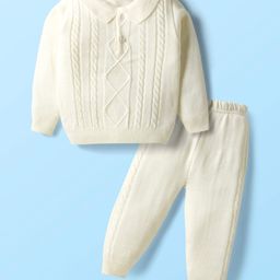 Babyhug Knit Full Sleeves Solid Coloured Sweater Set With Cable Knit Design - White-picture-2