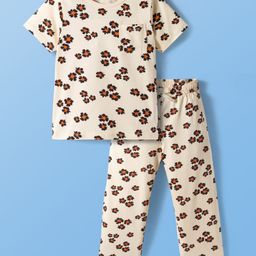 Pine Kids Cotton Knit Half Sleeves Co-ords Night Suit With Floral Print - Cream-picture-30