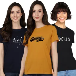 Pack of 3 Women Graphic Print Round Neck Cotton Blend Multicolor T-Shirt-image-5