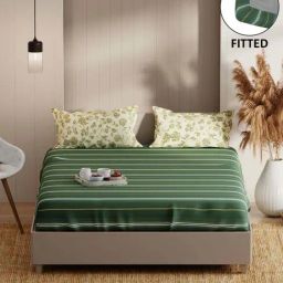 Bianca Bio-soft Feel Green & Yellow 152 TC 135 GSM Double Fitted Bedsheet With 2 Pillow Covers-picture-6