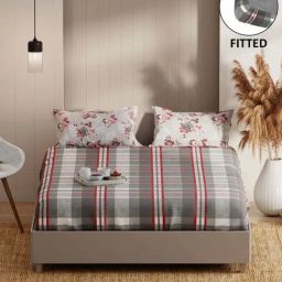 Bianca Bio-soft Feel Red & Grey Fabric 152 TC 135 GSM Double Fitted Bedsheet With 2 Pillow Covers-picture-3
