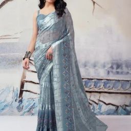 Satrani Grey Printed Saree With Unstitched Blouse-image-0