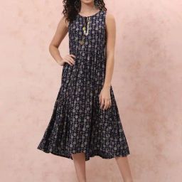 Rangriti Navy Printed A-Line Dress-image-80