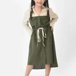 Crimsoune Club Kids Olive Green & Cream Color Block Full Sleeves Dress-image-82