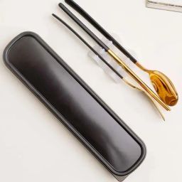 Nestasia Premium quality Black stainless Steel cutlery set with Box (1 Spoon + 1 Fork + 2 chopstick)-image-81