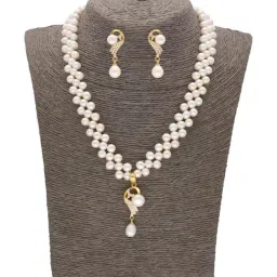 Sri Jagdamba Pearls Heart's Delight Pearl White & Golden Necklace and Earring Set-33