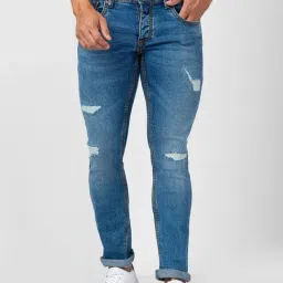 Spykar Mid Blue Cotton Slim Fit Distressed Jeans-picture-19