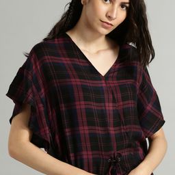 Roadster Women Maroon Checked Blouson Top-16