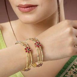 NVR Gold Plated Artificial Stones Handcrafted Traditional Bangles for Women Set of 2 image 4