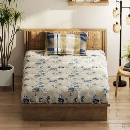 KOPA Sand & Blue Microfibre Floral 152 TC Single Bedsheet with 1 Pillow Cover-image-81