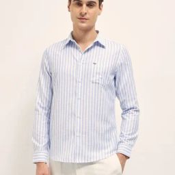 The Bear House Blue Cotton Slim Fit Stripes Casual Shirt-image-14