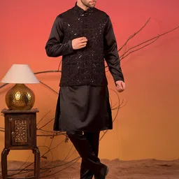 Rangkathaa Floral Embroidered Sequinned Mandarin Collar Pure Cotton Kurta With Trousers-image-26