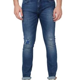 Spykar Blue Cotton Skinny Fit Distressed Jeans-image-85