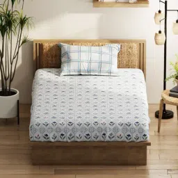 KOPA Ivory & Blue Microfibre Floral 152 TC Single Bedsheet with 1 Pillow Cover-image-61