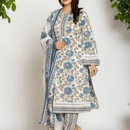 Yufta Women Floral Printed Regular Pure Cotton Kurta with Trousers & With Dupatta-30