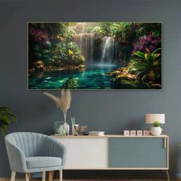 Nestroots Multicolor Canvas Woodland Waterfall Serenity Wall Painting - Gold Floating Frame-43