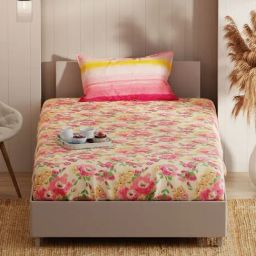 KOPA Beige & Pink Microfibre Floral 152 TC Single Bedsheet with 1 Pillow Cover-image-71