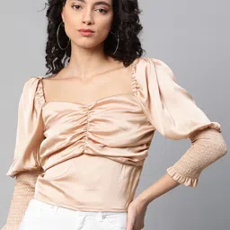 plusS Peach-Coloured Sweetheart Neck Satin Finish Puff Sleeved Empire Top-picture-8