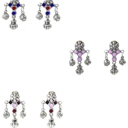 NAMAN ARTS Set Of 3 Silver-Plated Artificial Stones Studded Floral Meenakari Drop Earrings-35