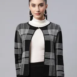 Global Republic Women Checked Cardigan with Fuzzy Detail-image-1