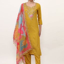 Jaipur Kurti Women Ethnic Motifs Embroidered Regular Kurta with Trousers & With Dupatta-picture-40