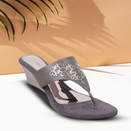 Mochi Grey Printed Ethnic Wedge Sandals-15