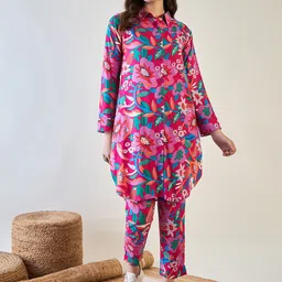 The Kaftan Company Pink Floral Printed Tunic With Trousers Co-Ords-picture-11