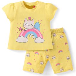 Babyhug Cotton Half Sleeves Capri Night Suit Kitty & Rainbow Print- Yellow-image-20