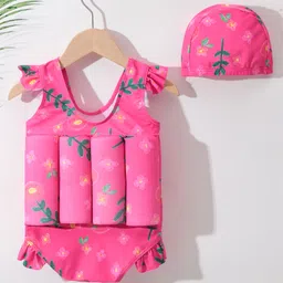 Kookie Kids Sleeveless Floral Printed V Cut Swimsuit with Attached Float & Cap - Pink-picture-16
