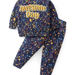 Babyhug Cotton Terry Knit Full Sleeves T-Shirt and Lounge Pant Text Print - Blue-image-89