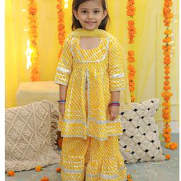 Bownbee Three Fourth Sleeves Leheriya Designed & Gota Lace Embellished Coordinating Pure Cotton Kurta & Sharara Set - Yellow-image-32