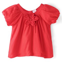 Babyhug Rayon  Gathered Half Sleeves Woven Top With Floral Corsage - Red-image-93