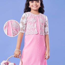 Hola Bonita Half Sleeve Embroidered Cape & Knee Length Solid Dress - Pink-image-62