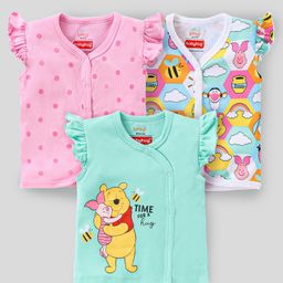 Babyhug Disney Cotton Knit Frill Sleeves Front Open Jhablas with Polka Dots & Winnie The Pooh Print Pack of 3  - Pink White & Green-image-38
