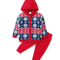 Babyhug Knit Full Sleeves Hooded Front Open Sweater Set Floral Design - Red & Blue-image-17