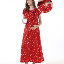 Bella Mama 100% Cotton Knit Half Sleeves Concealed Zipper Nursing Nighty Hearts Print - Red-picture-5